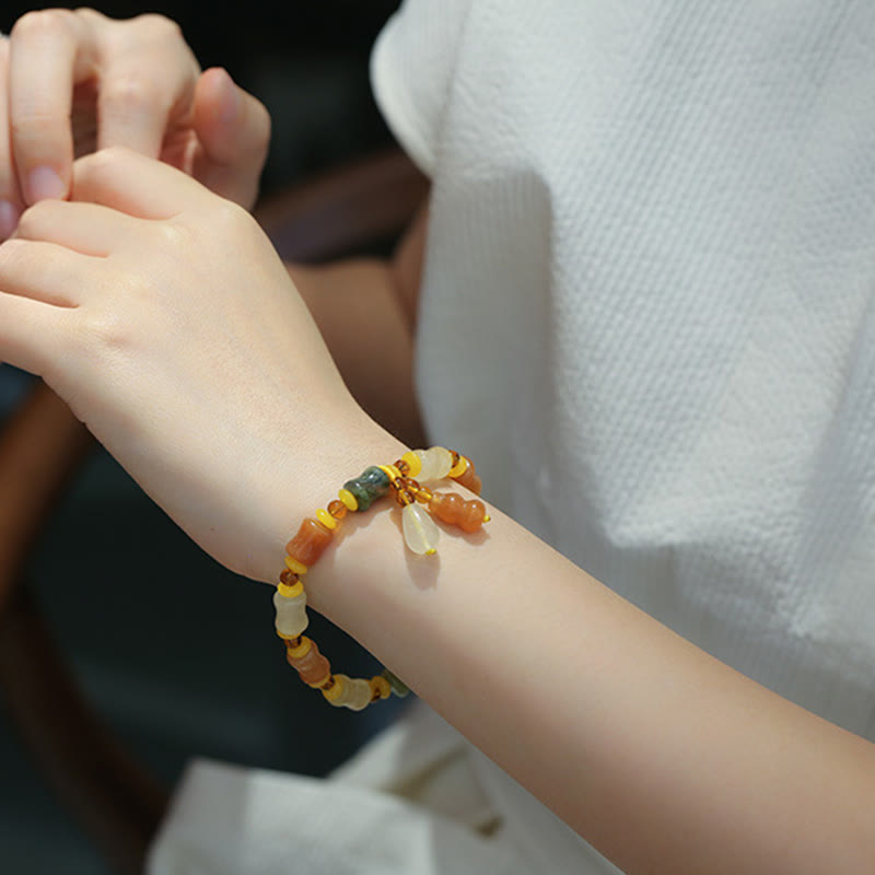 Natural Golden Silk Jade Gourd Wealth Charm Bracelet