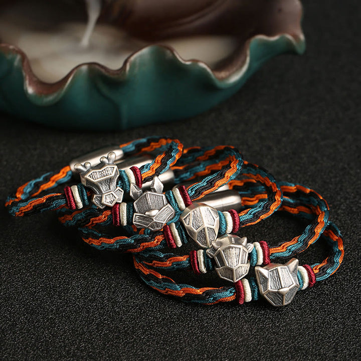 Buddha Stones Handmade 999 Sterling Silver Year of the Dragon Chinese Zodiac Protection Colorful Reincarnation Knot Rope Bracelet