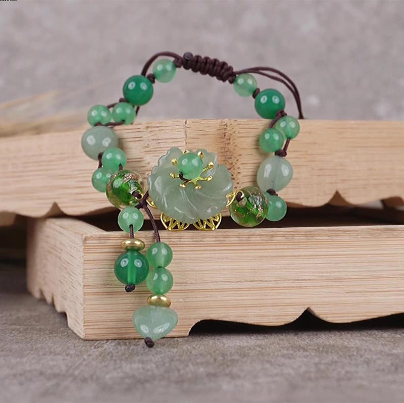 Buddha Stones Natural Green Jade Luck Dangling Flower Bracelet