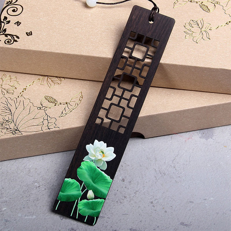 Buddha Stones Green Lotus Bamboo Oriole Ebony Wood Bookmarks With Gift Box