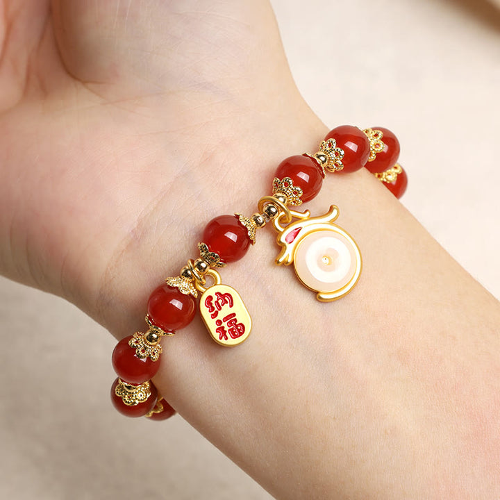 Buddha Stones Year of the Dragon Red Agate Green Aventurine Peace Buckle Fu Character Lucky Fortune Bracelet