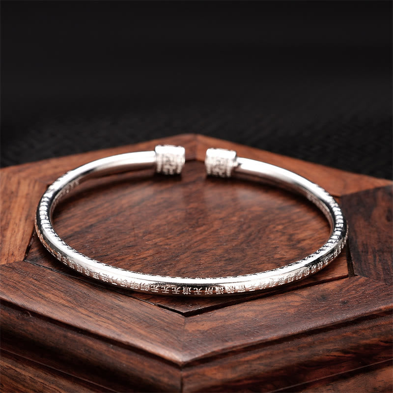 Heart Sutra Engraved Swastika Pattern Luck White Copper Bracelet Bangle