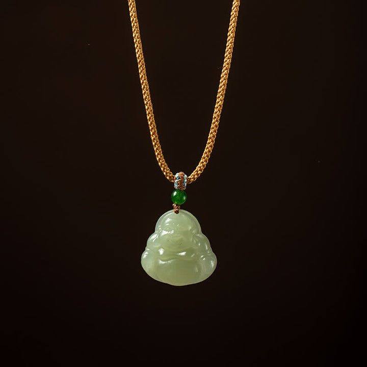 Laughing Buddha Jade Lotus Prosperity String Necklace Pendant