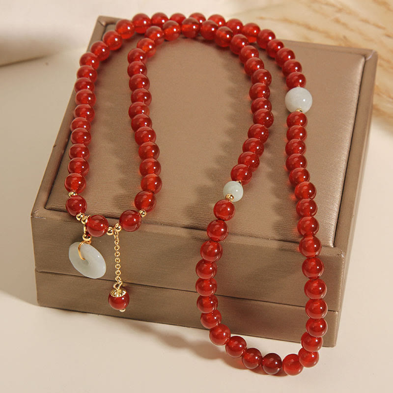 Buddha Stones Natural Red Agate Jade Peace Buckle Calm Triple Wrap Bracelet