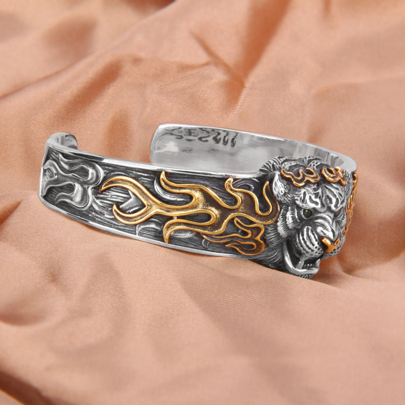 Buddha Stones 925 Sterling Silver Chinese Zodiac Tiger Keep Away Evil Spirits Bracelet Bangle