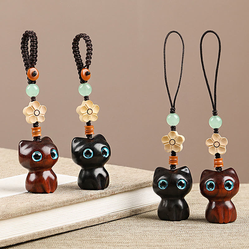 Buddha Stones Mini Small Leaf Red Sandalwood Ebony Wood Lucky Cat Lovely Kitty Peace Key Chain Phone Hanging Decoration