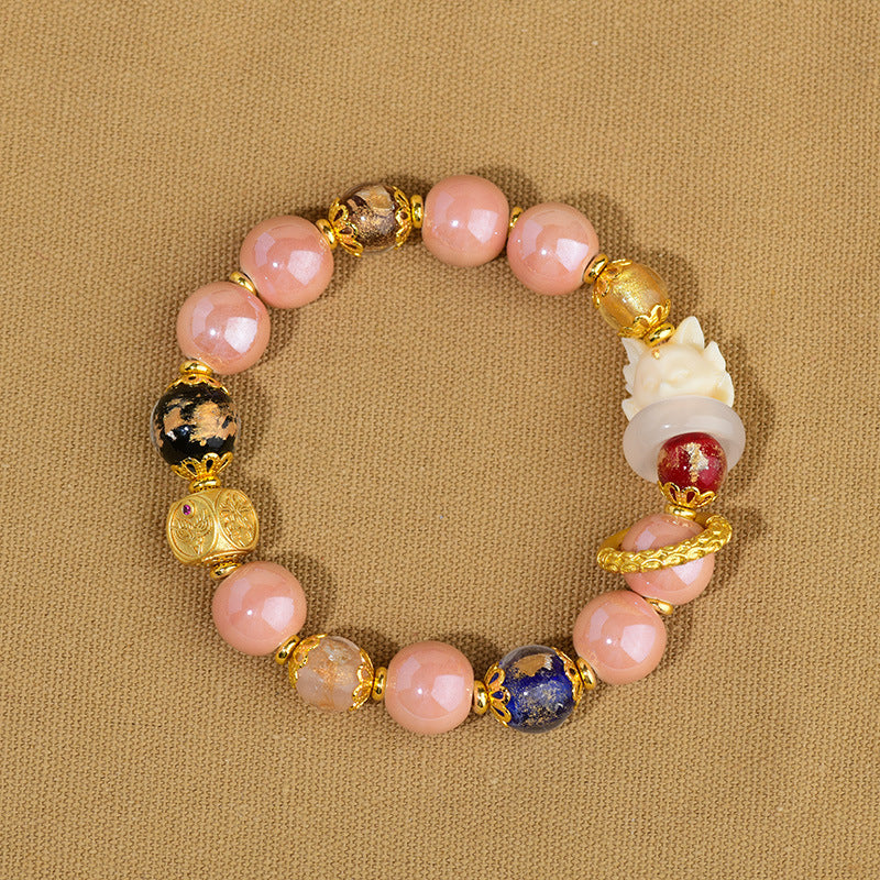 Buddha Stones Tibetan Incense Ash Liuli Glass Bead Luck Protection Nine-Tailed Fox Bracelet