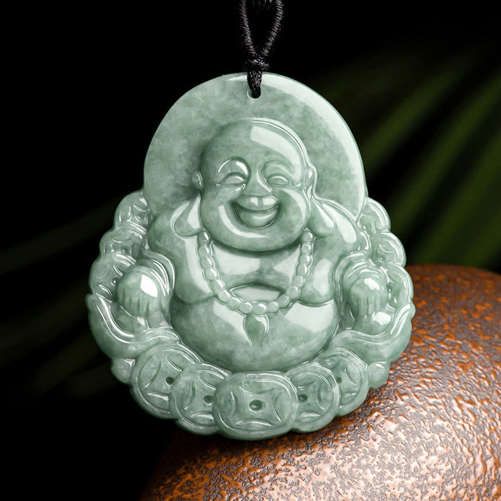 Buddha Stones Laughing Buddha Natural Jade Copper Coin Abundance Necklace Pendant