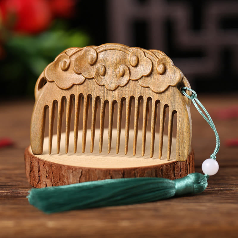 Green Sandalwood Fox Peony Flower Lotus Engraved Cure Tassel Comb