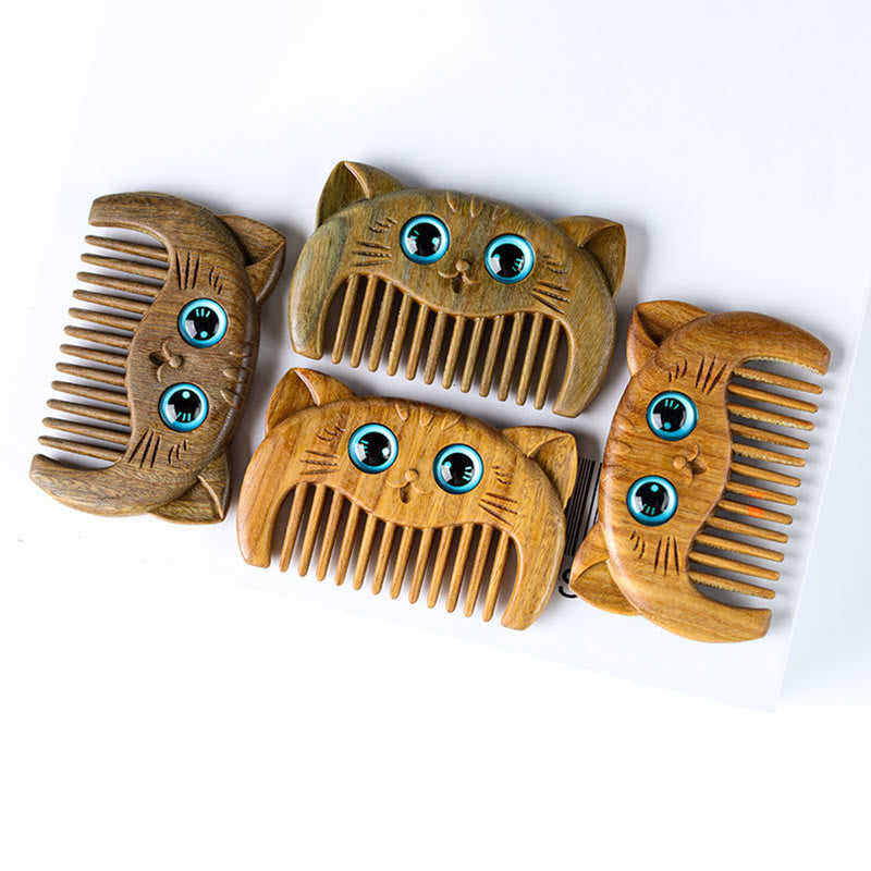 Simple Cat Pattern Green Sandalwood Cure Portable Comb