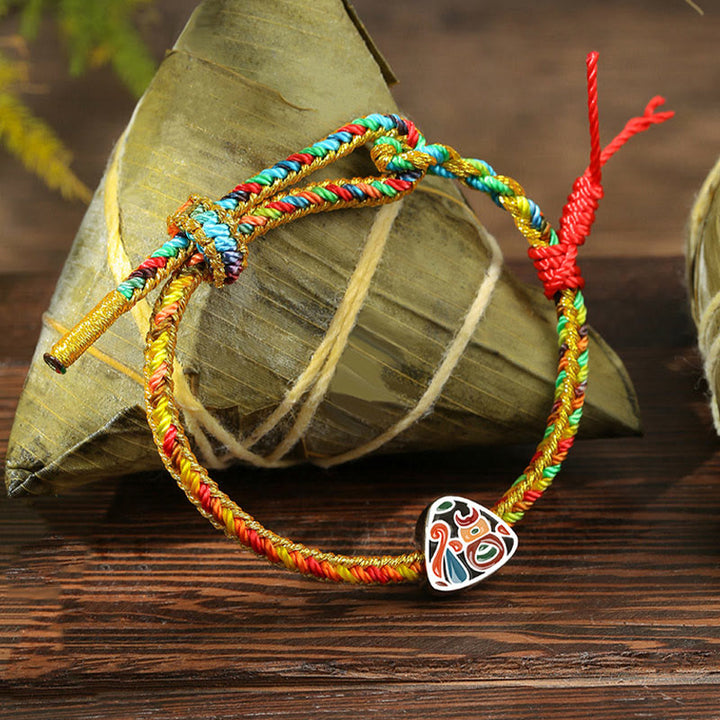 Buddha Stones 925 Sterling Silver Dragon Boat Festival Fu Character Zongzi Pattern Luck Handmade Multicolored Child Adult Bracelet