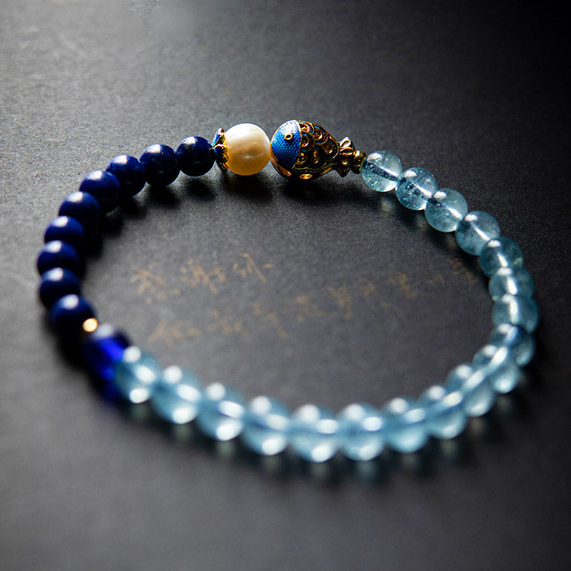 Buddha Stones Natural Aquamarine Lazurite Fish Healing Bracelet