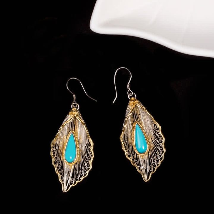 925 Sterling Silver Turquoise Bodhi Leaf Pattern Protection Drop Dangle Earrings