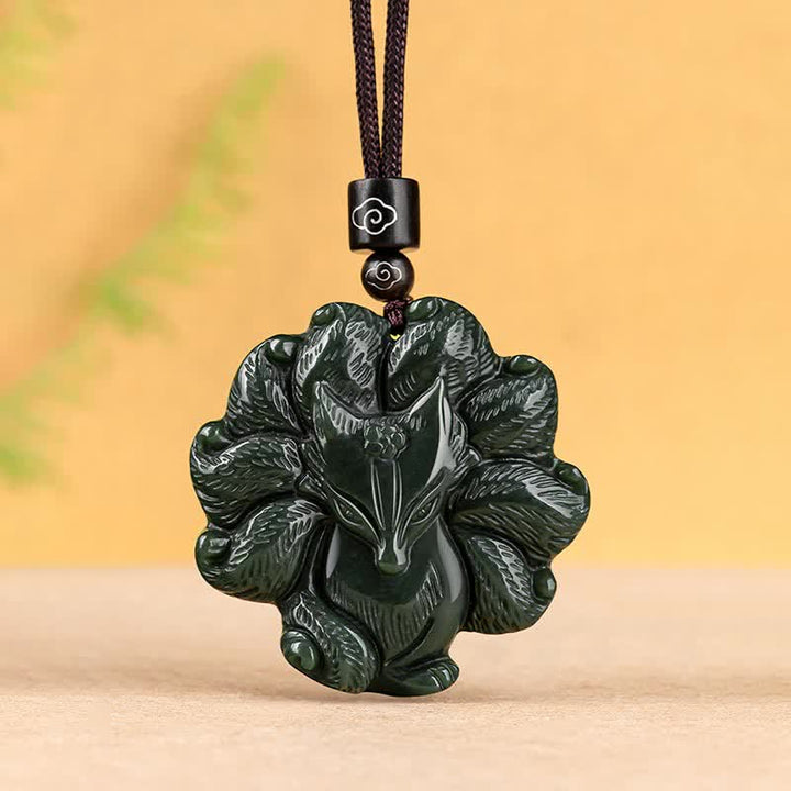 Hetian Cyan Jade Nine Tailed Fox Luck Necklace String Pendant