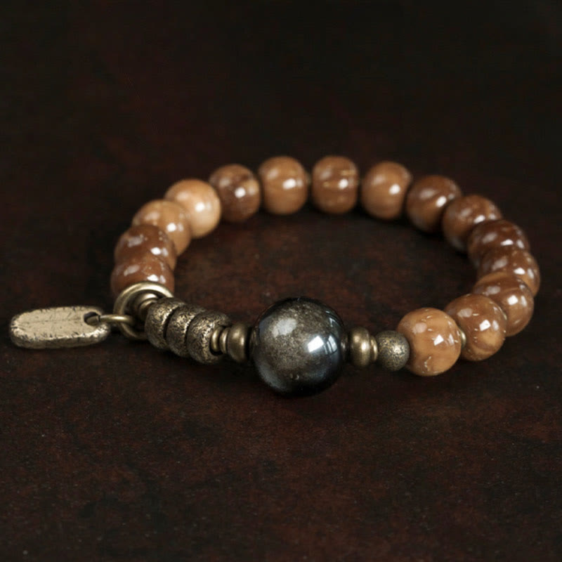 Buddha Stones Kuka Seed Tiger Eye Gold Sheen Obsidian Copper Wealth Luck Bracelet