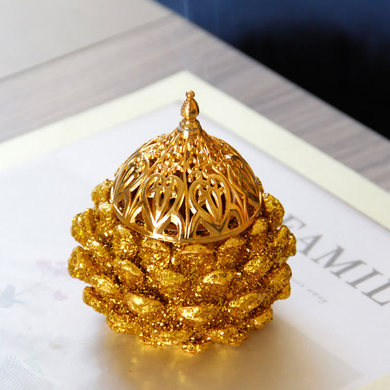 Gold Pine Cone Pattern Spiritual Rituals Mini Incense Burner Home Tabletop Decor