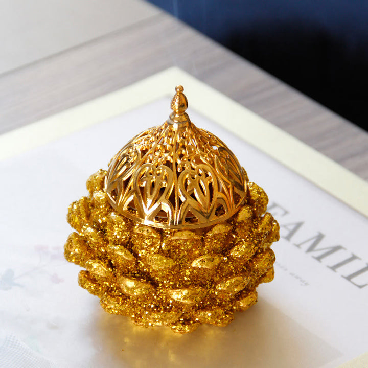 Gold Pine Cone Pattern Spiritual Rituals Mini Incense Burner Home Tabletop Decor