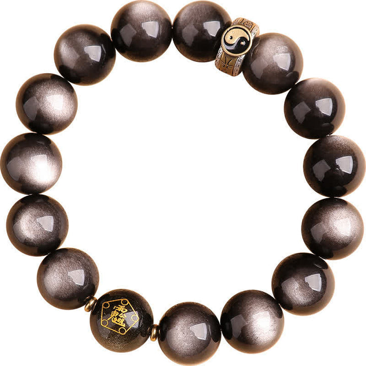 Buddha Stones 925 Sterling Silver Black Obsidian Gold Sheen Obsidian Silver Sheen Obsidian Yin Yang Protection Bracelet