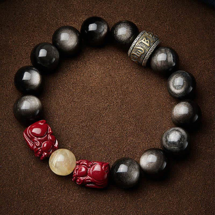 Buddha Stones Gold Sheen Obsidian PiXiu Cinnabar Om Mani Padme Hum Protection Bracelet