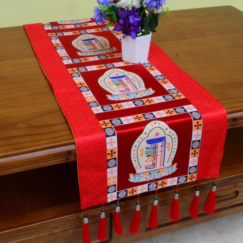 Buddha Stones Prayer Altar Mat Man-Bcu Kalachakra Endless Knot Vajra Tibetan Auspicious Symbols Tassels Table Runner