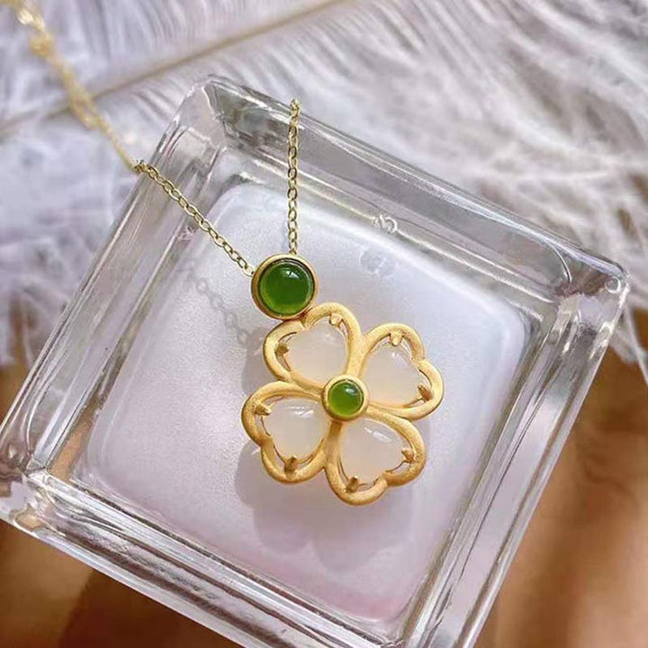 Buddha Stones 925 Sterling Silver Lucky Four Leaf Clover Jade Prosperity Necklace Chain Pendant