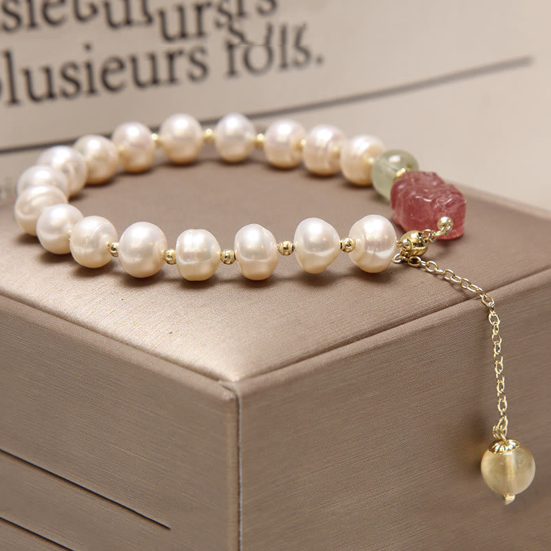 Buddha Stones Natural Pearl Strawberry Quartz PiXiu Optimism Charm Bracelet