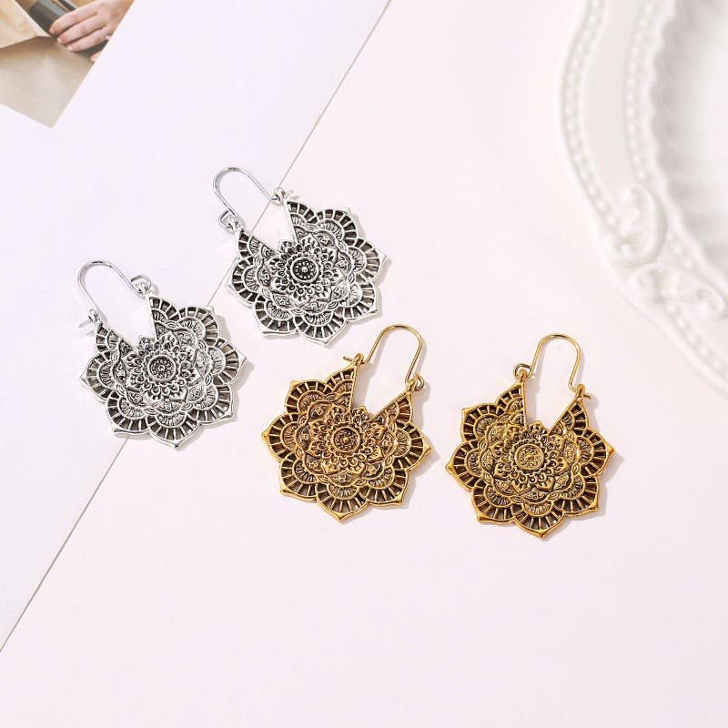 Buddha Stones Tibetan Lotus Engraving Copper Blessing Drop Earrings