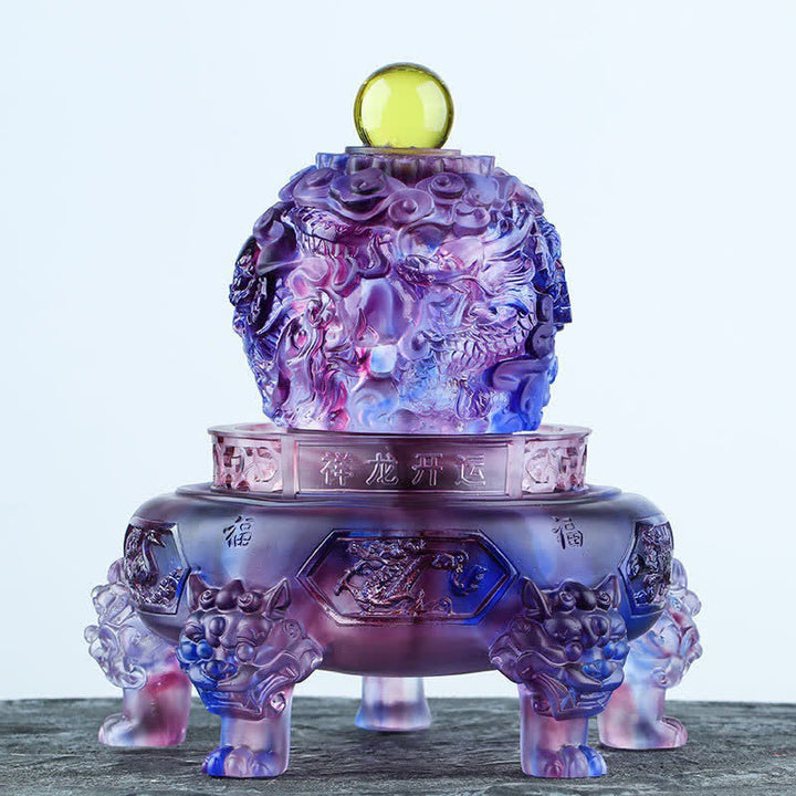 Buddha Stones Feng Shui Auspicious Dragon Handmade Liuli Crystal Rotatable Art Piece Luck Home Office Decoration