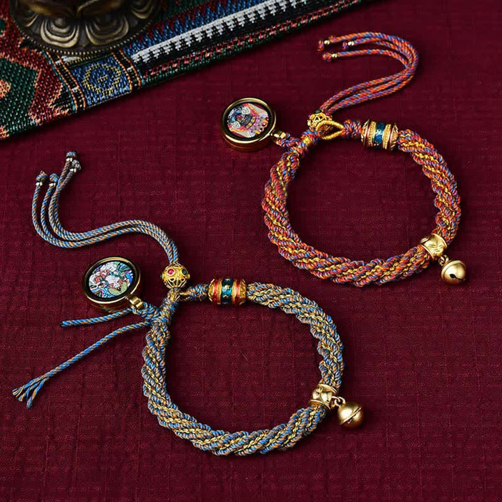 Tibetan Handmade Luck Protection Thangka Prayer Wheel Bell Charm Braid String Bracelet