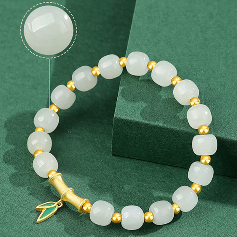 Buddha Stones 925 Sterling Silver Hetian White Jade Bamboo Luck Bracelet