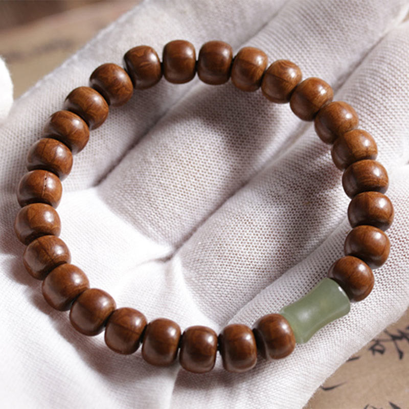 Buddha Stones Natural Abelia Biflora Wood Hetian Jade Bamboo Bead Warding Off Evil Spirits Bracelet