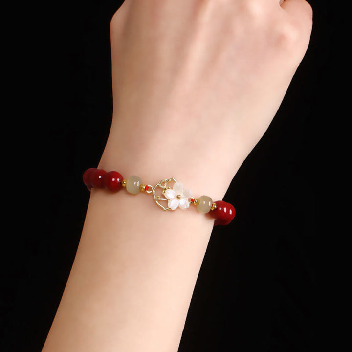 Buddha Stones Natural Cinnabar Jade Beaded Tridacna Stone Flower Blessing Bracelet