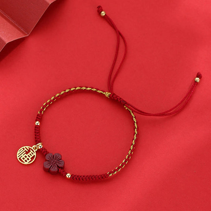 Buddha Stones Cinnabar Flower Fu Character Blessing Braided String Bracelet