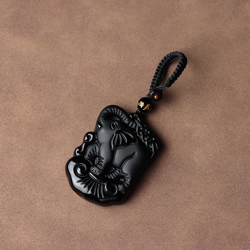 Black Obsidian Elephant Protection String Necklace Pendant Key Chain