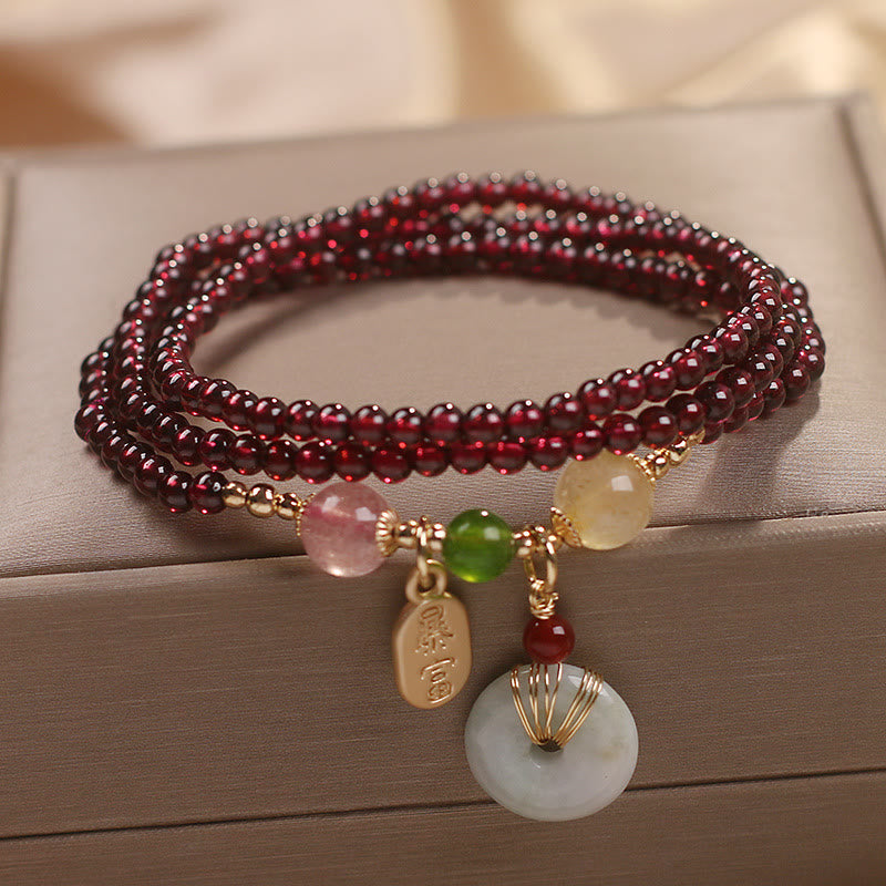 Buddha Stones Natural Garnet Strawberry Quartz Crystal Fox Koi Fish Peace Buckle Fortune Protection Triple Wrap Bracelet