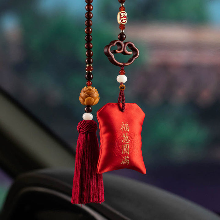 Buddha Stones Tibetan Small Leaf Red Sandalwood Lotus Cinnabar Sachet Protection Tassel Car Hanging Decoration