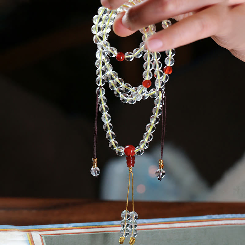 Buddha Stones 108 Mala Beads 925 Sterling Silver Natural White Agate Red Agate Quadruple Wrap Protection Bracelet