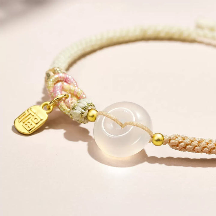 Handmade White Agate Peace Buckle Luck Happiness Protection Weave String Bracelet