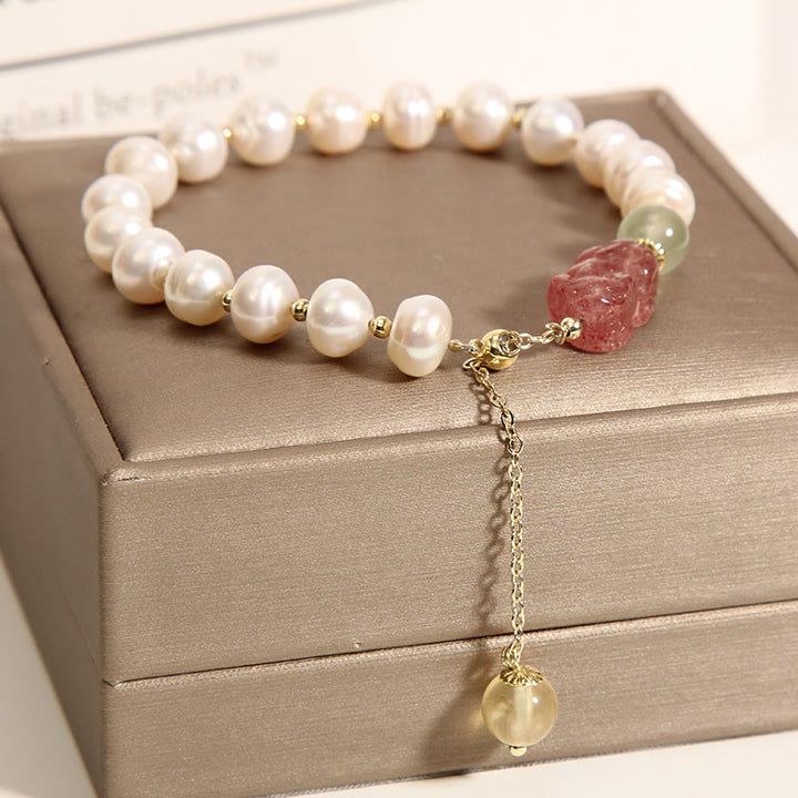 Buddha Stones Natural Pearl Strawberry Quartz PiXiu Optimism Charm Bracelet