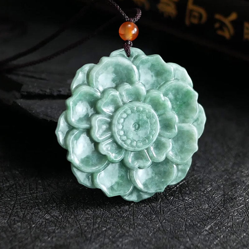 Buddha Stones Lotus Pattern Jade Luck Prosperity Necklace Pendant