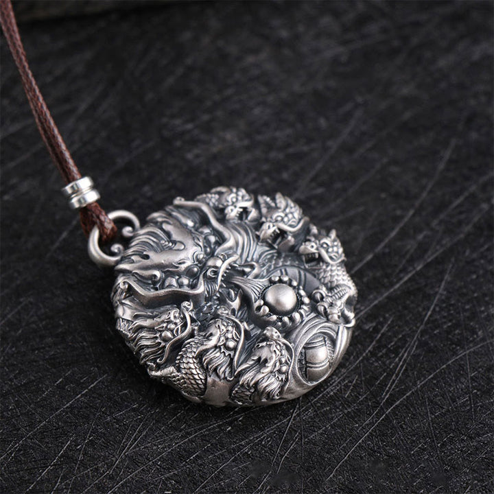 Buddha Stones 999 Sterling Silver Nine Dragons Playing With A Pearl Luck Protection Necklace Pendant