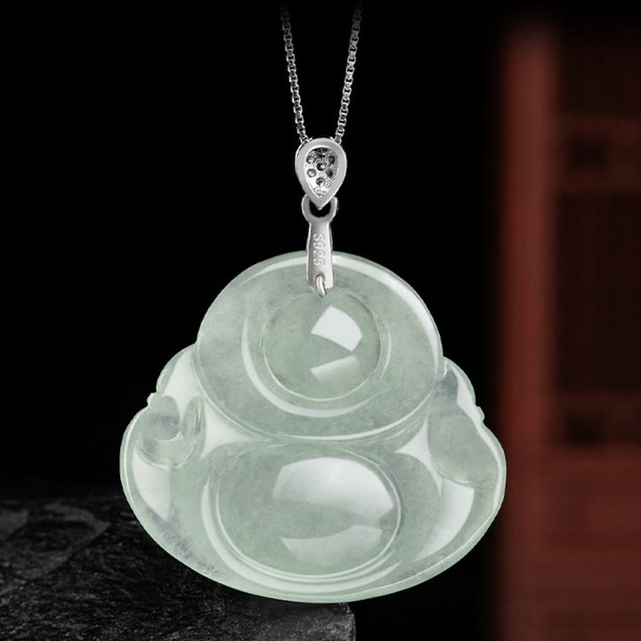 Buddha Stones 925 Sterling Silver Natural Jade Laughing Buddha Prosperity Abundance Chain Necklace Pendant