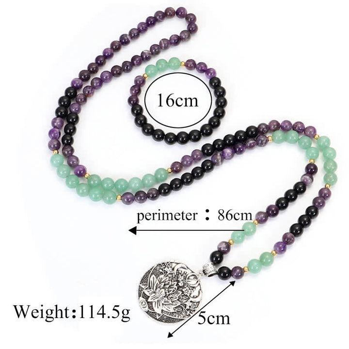 Buddha Stones 108 Mala Beads Amethyst Green Aventurine Lotus Meditation Bracelet