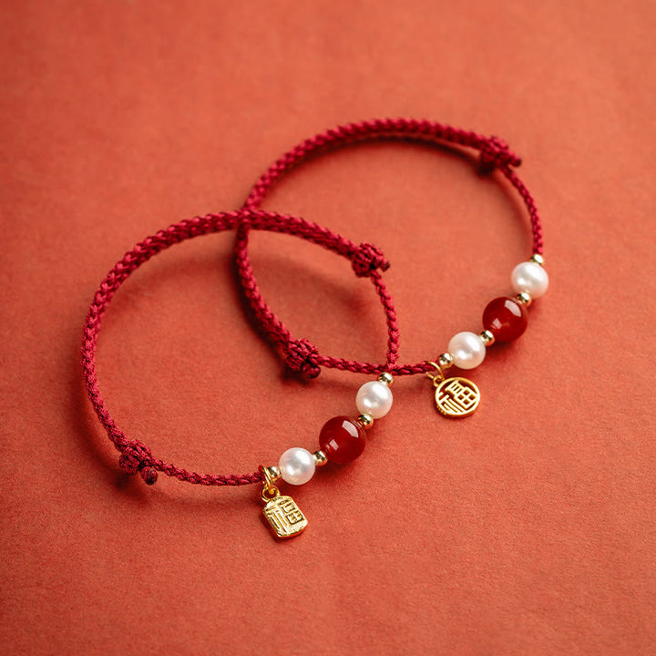 Buddha Stones 925 Sterling Silver Good Fortune Fu Character Agate Pearl Red String Braid Bracelet