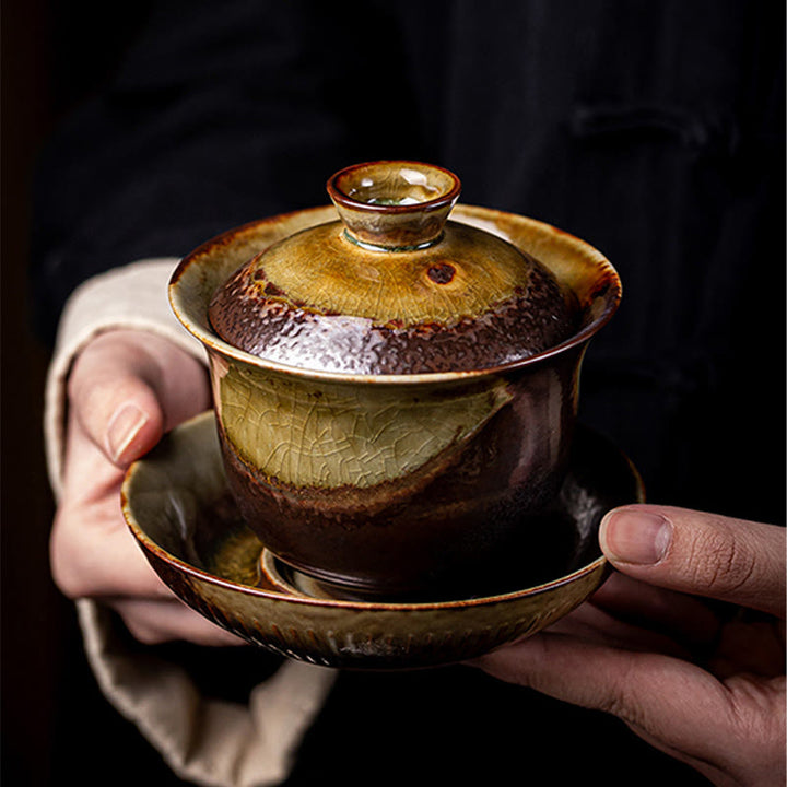 Buddha Stones Vintage Brown Kiln Change Design Porcelain Ceramic Gaiwan Sancai Teacup Kung Fu Tea Cup And Saucer With Lid