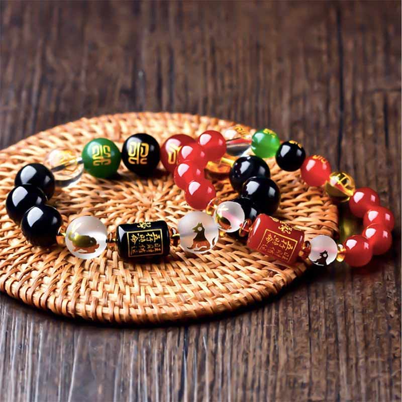 Buddha Stones Chinese Zodiac Feng Shui Obsidian Five-Element Wealth Porsperity Bracelet