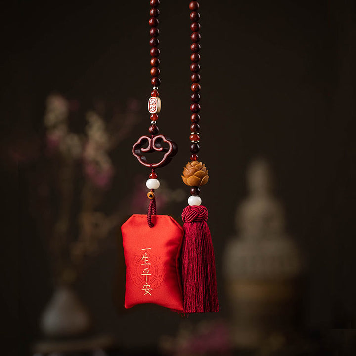 Buddha Stones Tibetan Small Leaf Red Sandalwood Lotus Cinnabar Sachet Protection Tassel Car Hanging Decoration