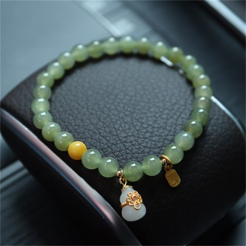 Buddha Stones 925 Sterling Silver Plated Gold Natural Hetian Jade Bead Gourd Lotus Bamboo Fu Character Luck Bracelet