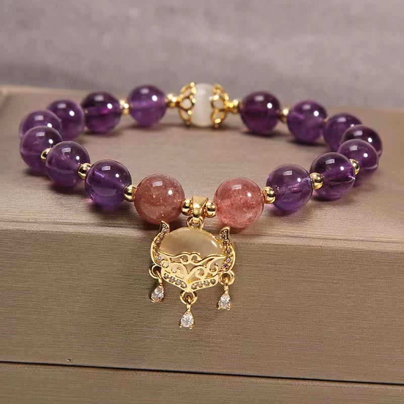 Buddha Stones Natural Amethyst Strawberry Quartz Cat Eye Chinese Lock Charm Healing Bracelet