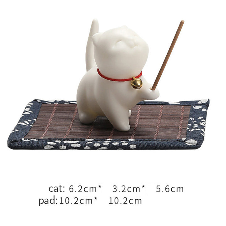 Buddha Stones Mini Lucky Cat Kitten Tea Pet Ceramic Home Desk Figurine Decoration With Bamboo Mat